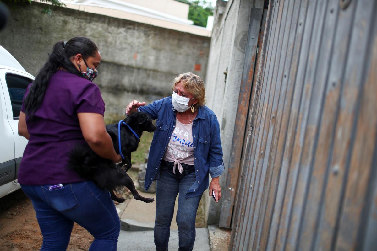 Maria de Fatima Cordeiro Marques, who recovered from the coronavirus disease, pets her adopted dog Sansa as she arrives at home, as a part of a pet delivery campaign to find homes for abandoned animals managed by Rio de Janeiro City Hall during the coronavirus disease (COVID-19) outbreak, in Rio de Janeiro, Brazil May 15, 2020. Photo: Reuters