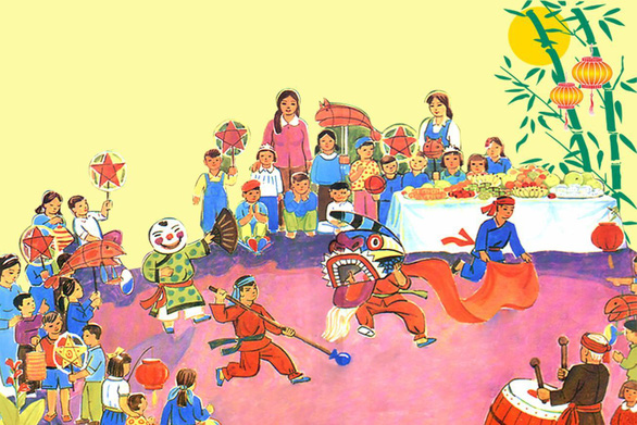 This cartoon shows kids enjoying lion dance during the Mid-Autumn Festival in Vietnam.