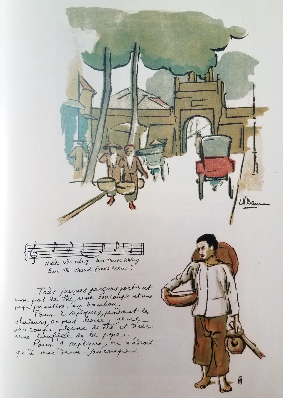 A drawing features a boy crying 'thuoc lao' (rustic tobacco) in the early-20th-century Hanoi, Vietnam.