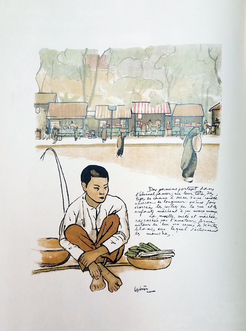 A boy peddling sugarcane cubes is portrayed in a drawing.