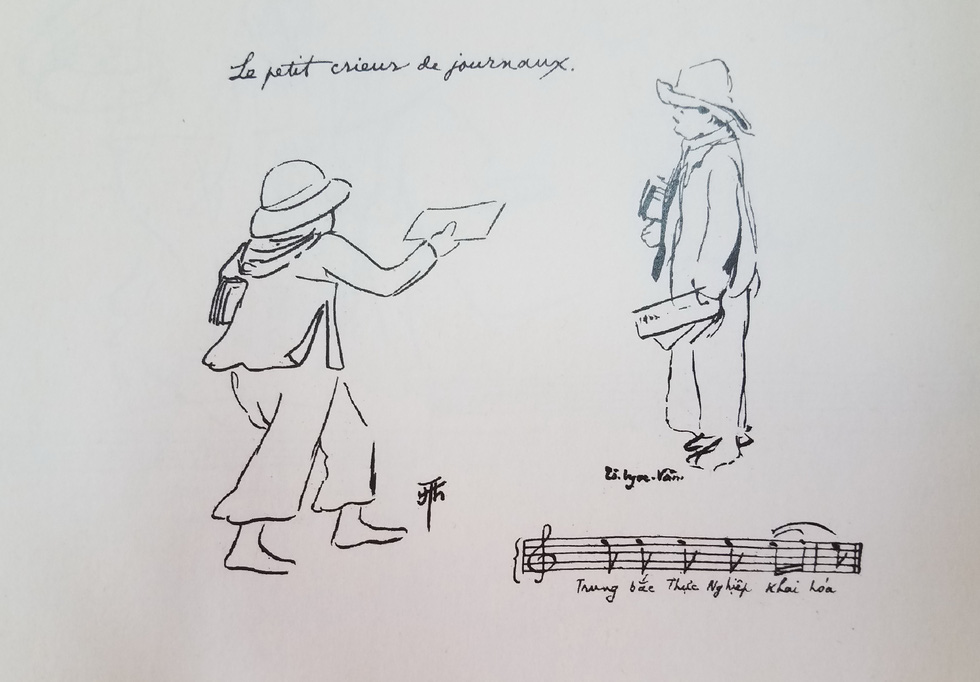 A drawing depicts a newsboy, with the musical notation of his cries revealing three contemporary newspapers: Trung Bac (Northern and Central Vietnam), Thuc Nghiep [Dan Bao] (People’s Newspaper), and Khai Hoa (Enlightenment).  Photo: Lam Dien / Tuoi Tre