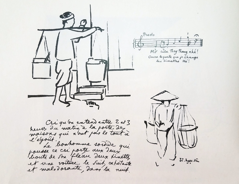 A drawing features the older version of today’s sanitation workers urging local residents to empty their trash bins in the early-20th-century Hanoi, Vietnam. Photo: Lam Dien / Tuoi Tre