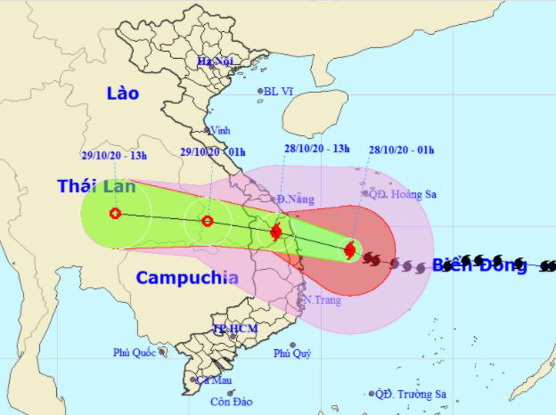 A map detailing the development of Typhoon Molave from October 28 to 30, 2020. Photo: National Center for Hydro-meteorological Forecasting