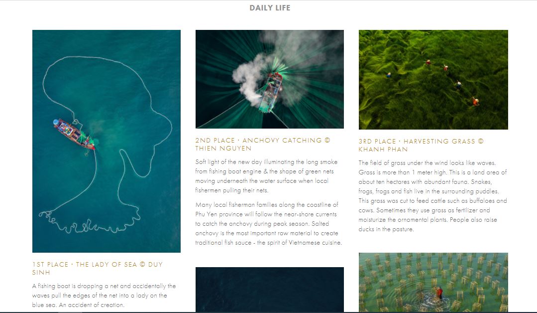 A screenshot of the 2020 Aerial Photography Awards shows Vietnamese entries displayed at the People category’s Daily Life topic