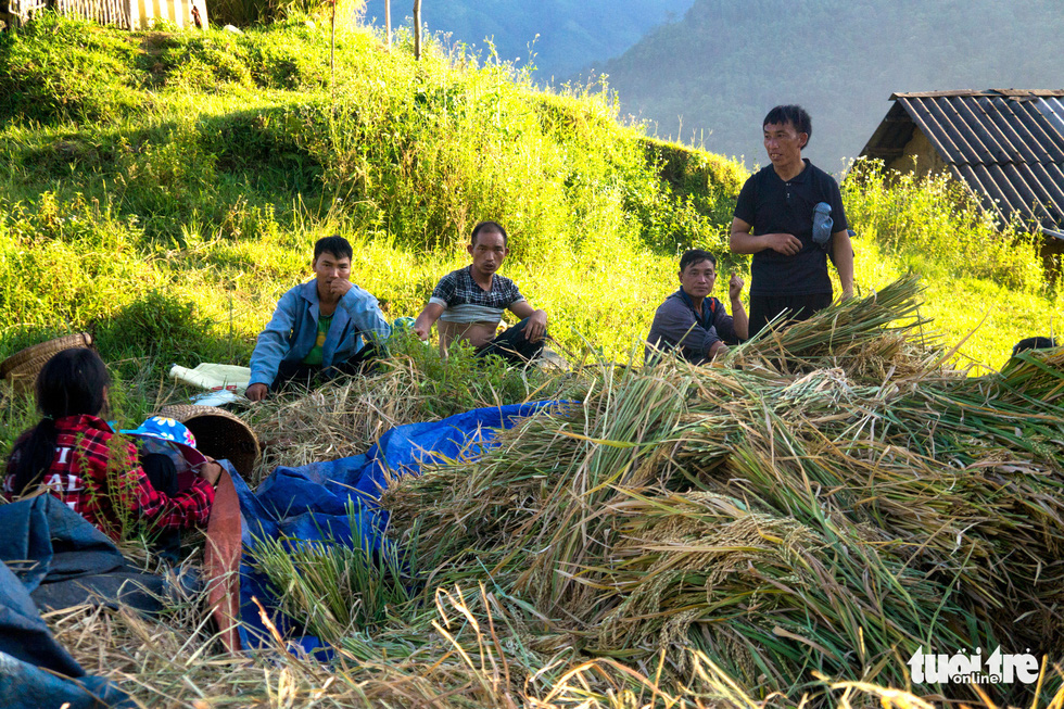 Farmers of Ha Nhi Den community in Y Ti Commune of Lao Cai Province rest in the middle of their harvest day