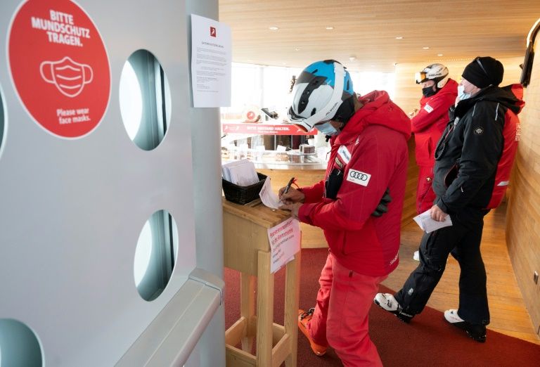 Skiers are filling out covid-19 form as they enter restaurant Cafe 3340 at Pitztal glacier, Austria on October 29, 2020. Photo: AFP