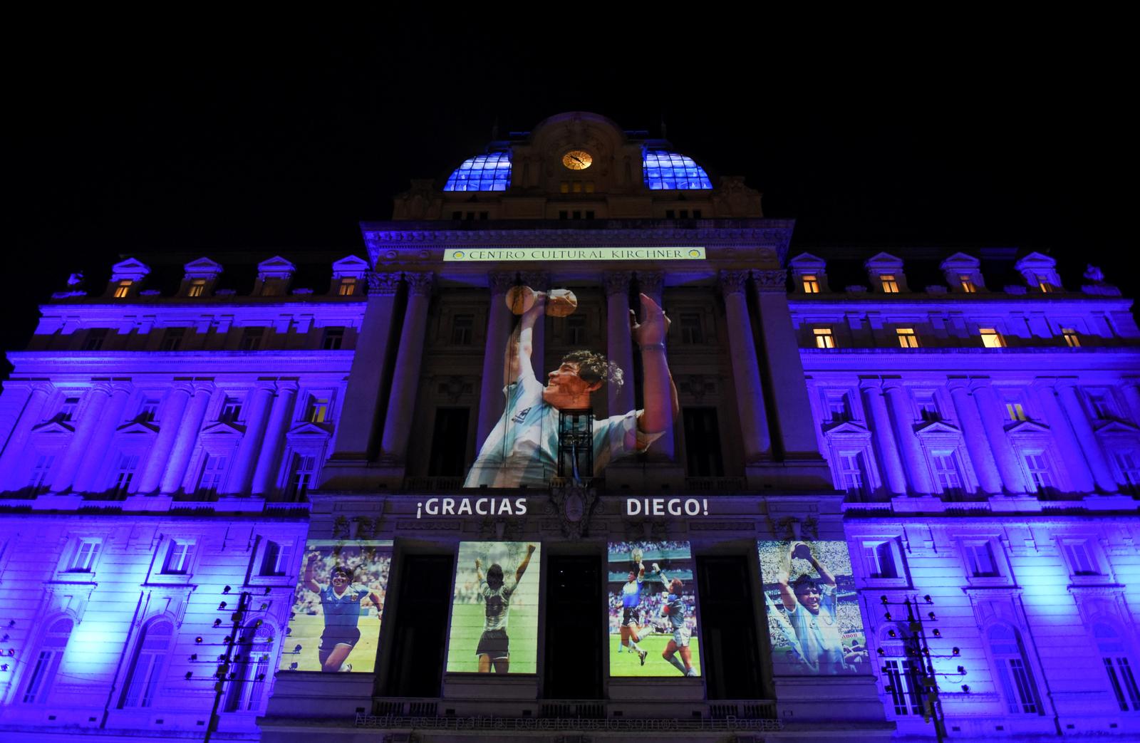 Photographs of late soccer legend Diego Maradona are projected on the Kirchner Cultural Centre, in Buenos Aires, Argentina November 25, 2020. Photo: Reuters