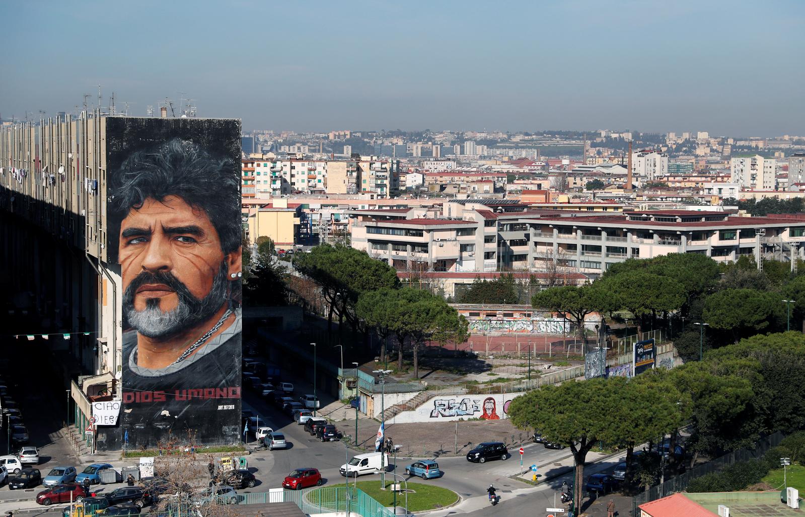 A general view shows a mural by artist Jorit depicting late Argentine soccer legend Diego Maradona, in Naples, Italy November 26, 2020. Photo: Reuters