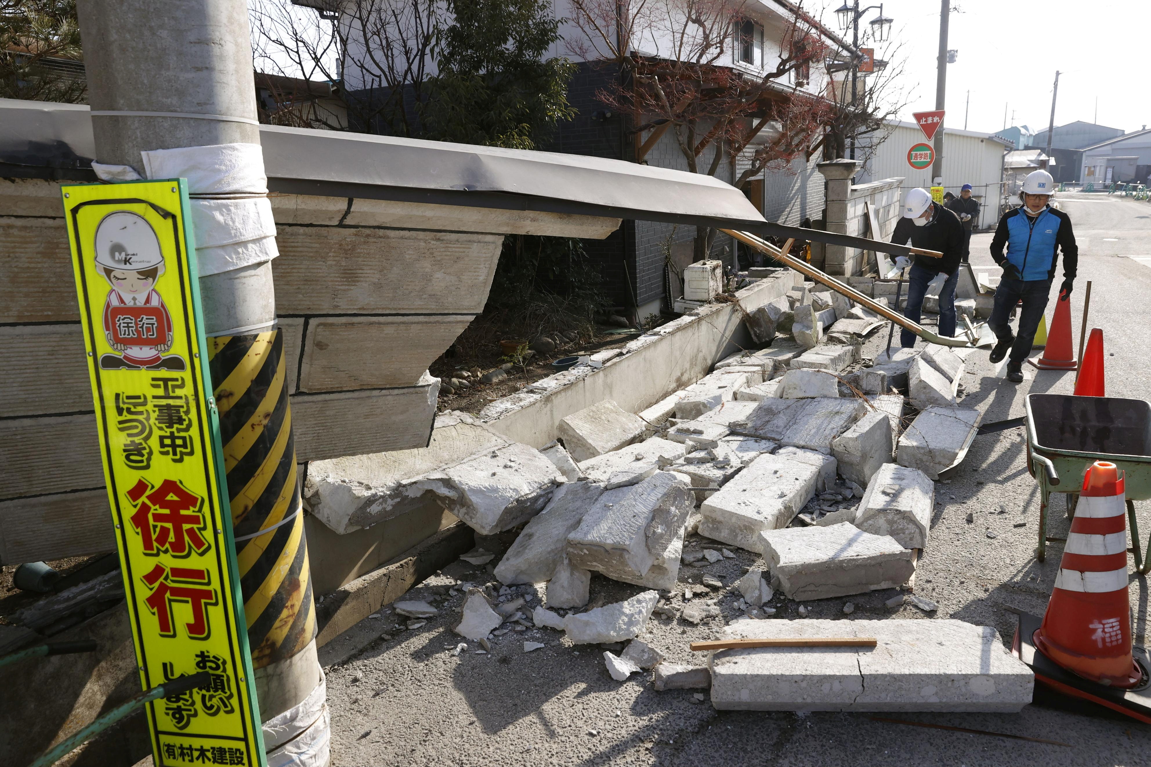 A collapsed wall by a strong earthquake is pictured in Kunimi, Fukushima Prefecture, Japan on February 14, 2021 in this photo taken by Kyodo. Photo: Reuters