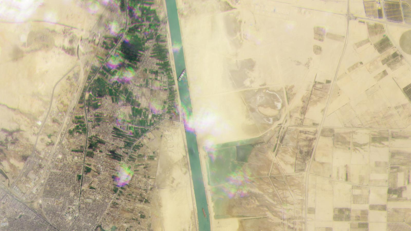 Planet Labs Inc satellite image shows the 'Ever Given', a container ship operated by the Evergreen Marine Corporation, stranded in the Suez Canal, Egypt March 23, 2021. Planet Labs Inc/Handout via Reuters