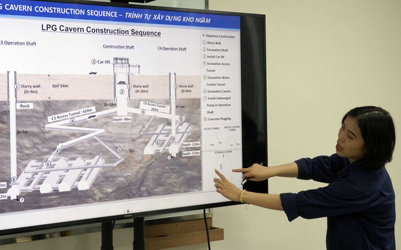 Engineer Pham Thi Hong gestures while introducing the operating principles of the underground LPG storage cavern. Photo: Dong Ha / Tuoi Tre