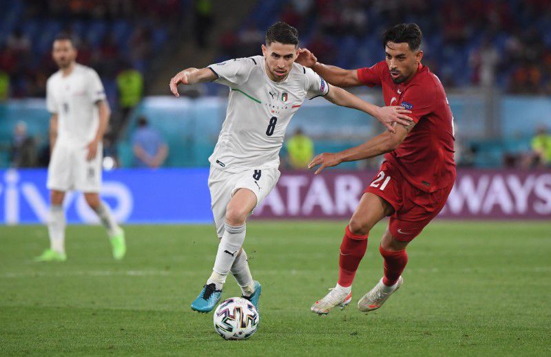 Soccer Football - Euro 2020 - Group A - Turkey v Italy - Stadio Olimpico, Rome, Italy - June 11, 2021 Italy's Jorginho in action with Turkey's Irfan Kahveci. Pool via Reuters
