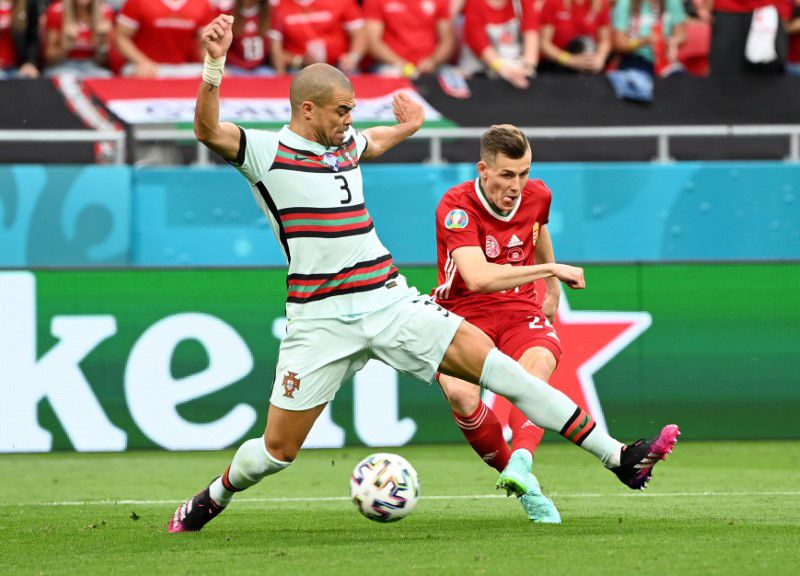 Soccer Football - Euro 2020 - Group F - Hungary v Portugal - Puskas Arena, Budapest, Hungary - June 15, 2021 Hungary's Szabolcs Schon scores their first goal which is later disallowed for offside. Pool via Reuters