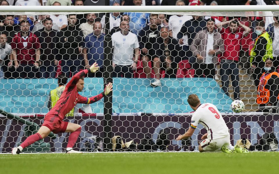 Soccer Football - Euro 2020 - Round of 16 - England v Germany - Wembley Stadium, London, Britain - June 29, 2021 England's Harry Kane scores their second goal. Photo: Pool via Reuters