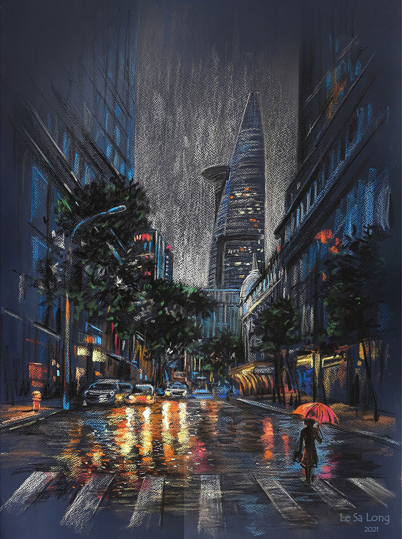 A sketch by Le Sa Long depicts Ngo Duc Ke Street in Ho Chi Minh City during social distancing days.