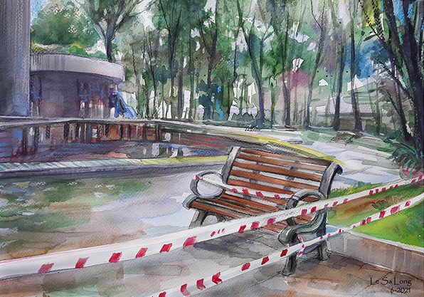 A sketch by Le Sa Long depicts Con Rua Lake in Ho Chi Minh City during social distancing days.
