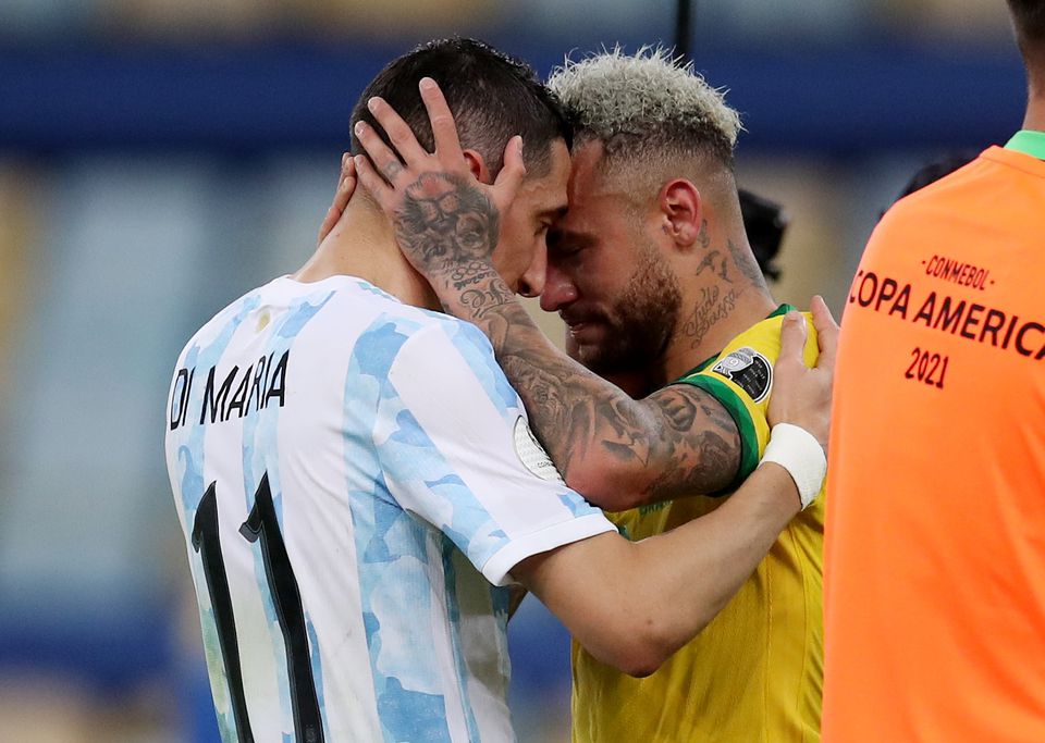 Soccer Football - Copa America 2021 - Final - Brazil v Argentina - Estadio Maracana, Rio de Janeiro, Brazil - July 10, 2021 Brazil's Neymar and Argentina's Angel Di Maria after the match. Photo: Reuters