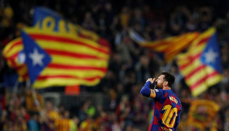 Soccer Football - La Liga Santander - FC Barcelona v Real Valladolid - Camp Nou, Barcelona, Spain - October 29, 2019 Barcelona's Lionel Messi celebrates scoring their third goal. Photo: Reuters