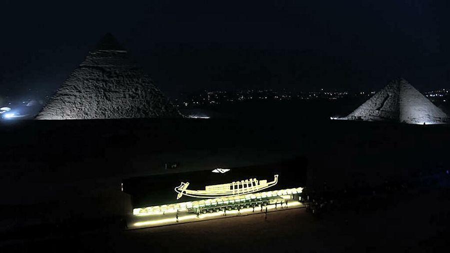 Khufu's solar boat on its journey to the new Grand Egyptian Museum. Photo: Egyptian Ministry of Antiquities/AFP