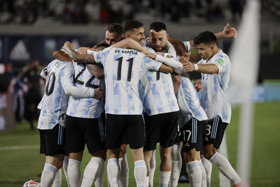 Soccer Football - World Cup - South American Qualifiers - Argentina v Bolivia - El Monumental, Buenos Aires, Argentina - September 9, 2021 Argentina's Lionel Messi celebrates scoring their first goal with teammates. Pool via Reuters