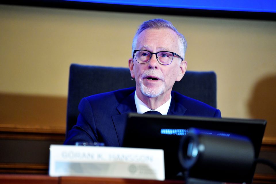 Secretary General of the Royal Swedish Academy of Sciences Goran K. Hansson speaks during the announcement of the winners of the 2021 Nobel Prize in Physics at the Royal Swedish Academy of Sciences in Stockholm, Sweden October 5, 2021. Pontus Lundahl/TT News Agency via Reuters