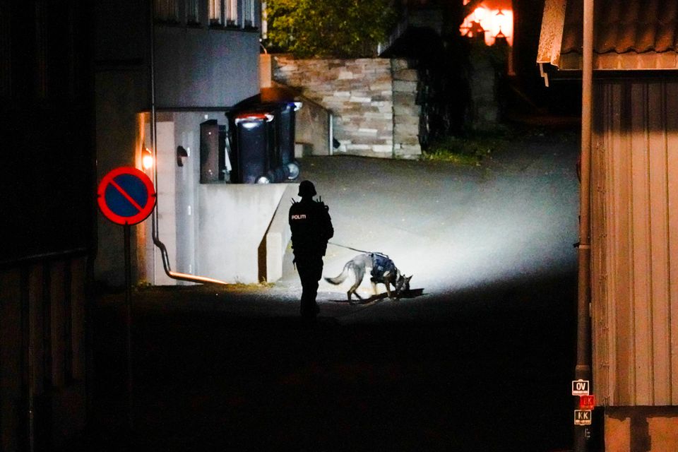 A police officer investigates after several people were killed and others were injured by a man using a bow and arrows to carry out attacks, in Kongsberg, Norway, October 13, 2021. Photo: Hakon Mosvold/NTB/via Reuters