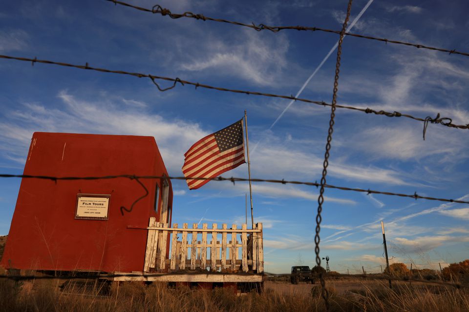 The entrance to the film set of 'Rust' is seen through a barbed wire fence after Hollywood actor Alec Baldwin fatally shot a cinematographer and wounded a director when he discharged a prop gun on the movie set in Santa Fe, New Mexico, U.S., October 22, 2021. Photo: Reuters