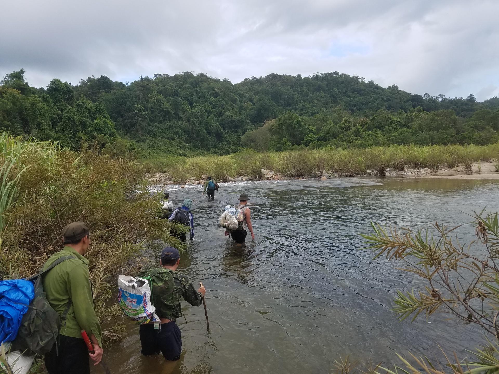 The team of six people crossed many streams on the way to their campsite.