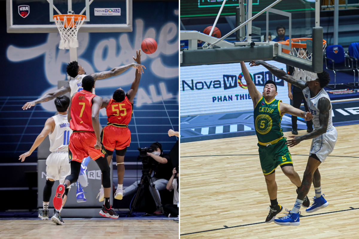 Hanoi Buffaloes’ Mike Bell (in white) blocks the attacks of his opponents in previous games of the VBA Premier Bubble Games. Photo: VBA