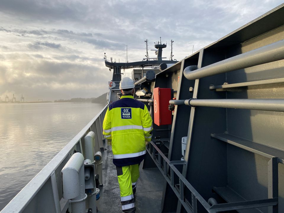 Yara Birkeland Project Manager Jostein Braaten walks onboard the Yara Birkeland, the world's first fully electric and autonomous container vessel, in Oslo, Norway November 19, 2021. Photo: Reuters