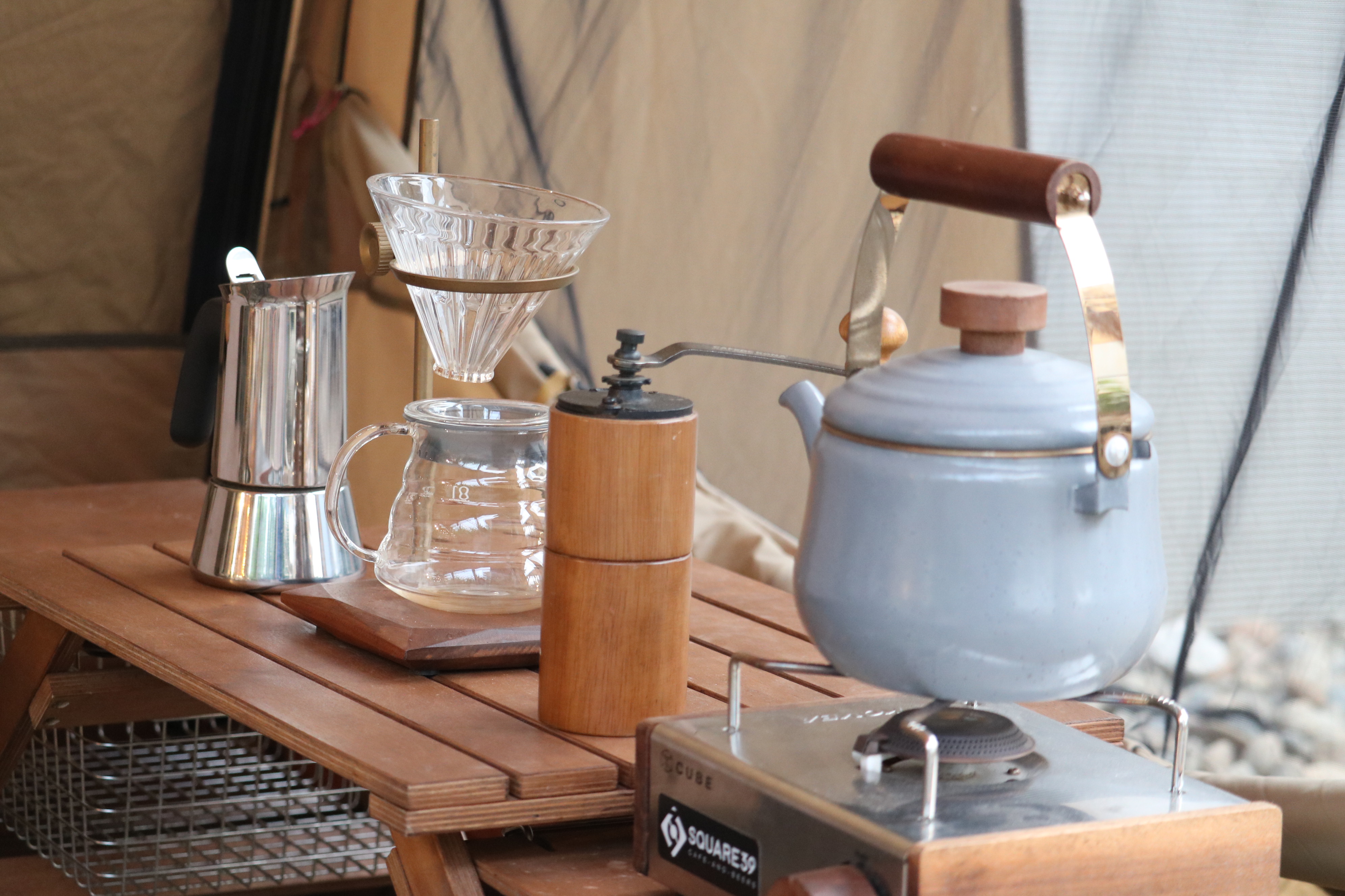 A set of coffee makers usually used while camping is seen at the Square 39 coffee shop in Thu Duc City in Ho Chi Minh City on December 2, 2021. Photo: Hoang An / Tuoi Tre News