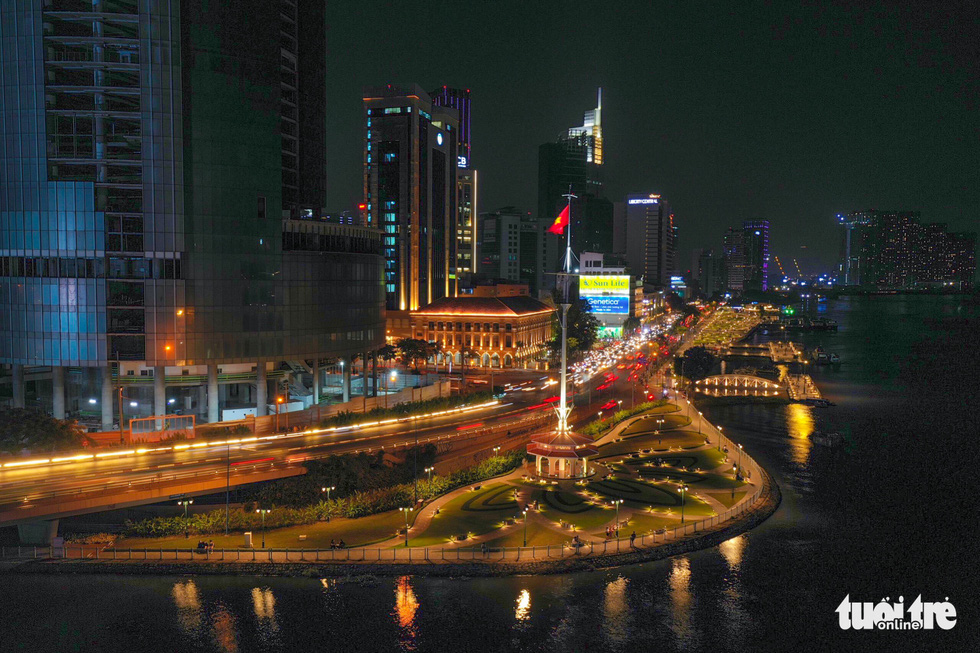 An aerial view of Bach Dang Wharf Park at night in downtown Ho Chi Minh City. Photo: Tuoi Tre