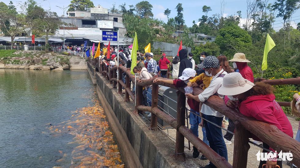This photo shows travelers feeding fish at the Den Bridge on the top of Cam Mountain in Tinh Bien District, An Giang Province, Vietnam. Photo: Buu Dau / Tuoi Tre