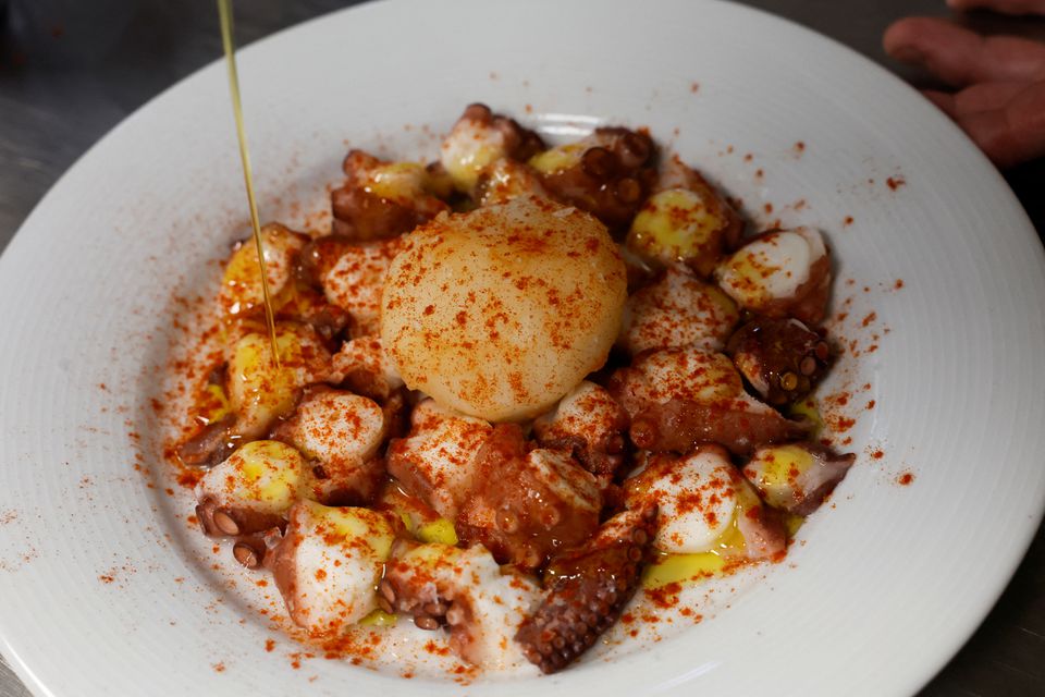 David Galvez, chef at the Casa Gallega restaurant, prepares an octopus to serve after cooking it in the traditional Galician way in Madrid, Spain, February 2, 2022. Photo: Reuters