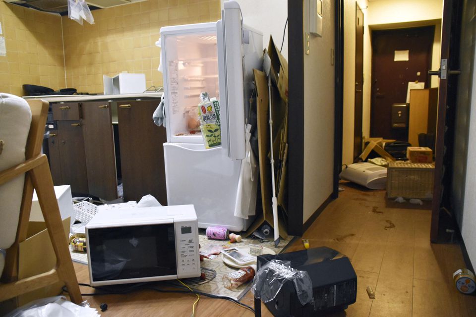 Furniture and electrical appliance are scattered caused by an earthquake at an apartment in Fukushima, Japan March 16, 2022, in this photo taken by Kyodo. Mandatory credit Kyodo/via Reuters