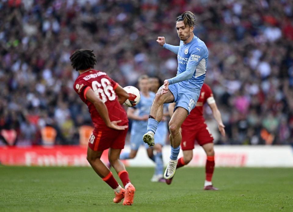 Soccer Football - FA Cup Semi Final - Manchester City v Liverpool - Wembley Stadium, London, Britain - April 16, 2022 Manchester City's Jack Grealish shoots at goal. Photo: Action Images via Reuters