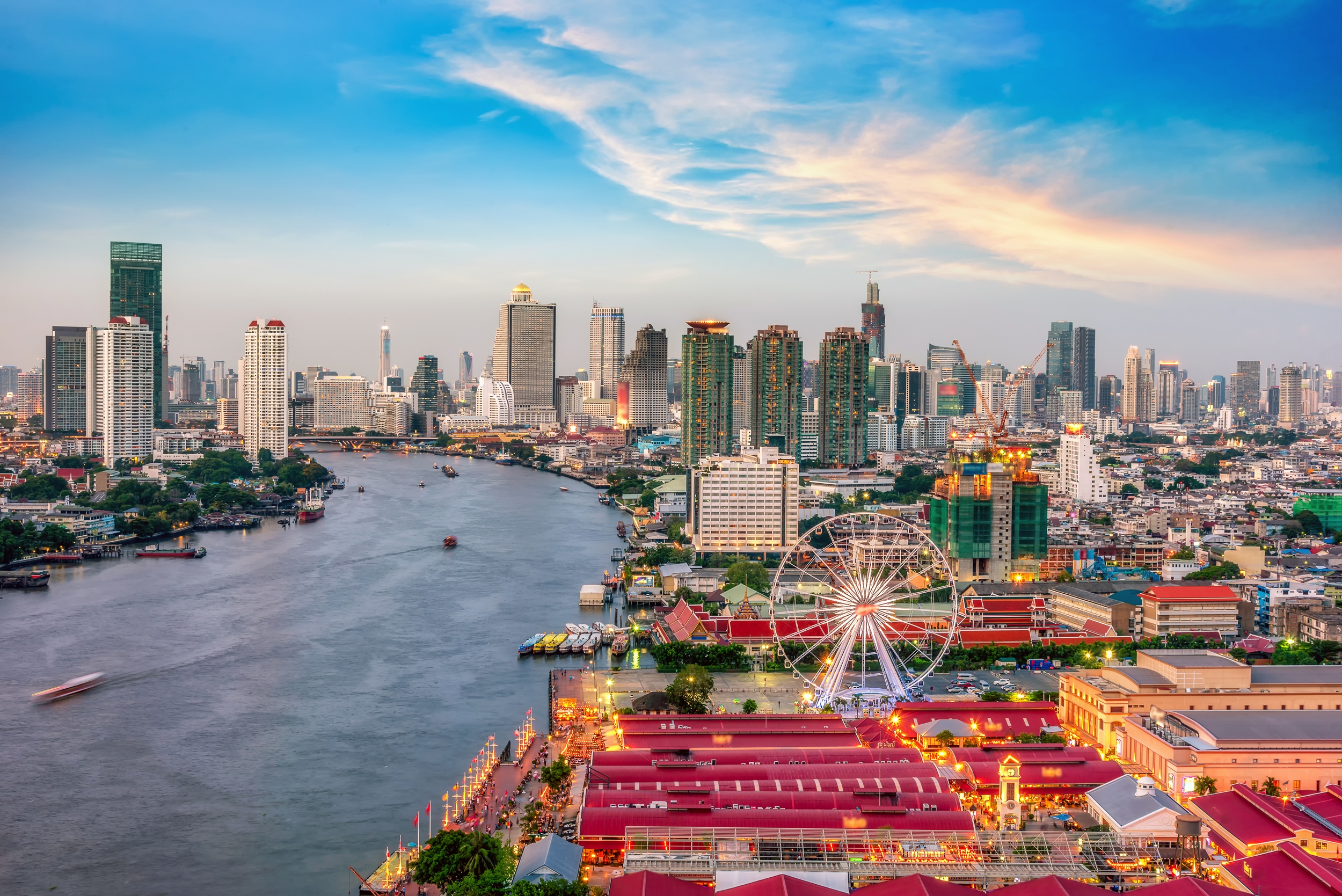 This image shows Asiatique: The Riverfront, an open air night market in Bangkok, Thailand.