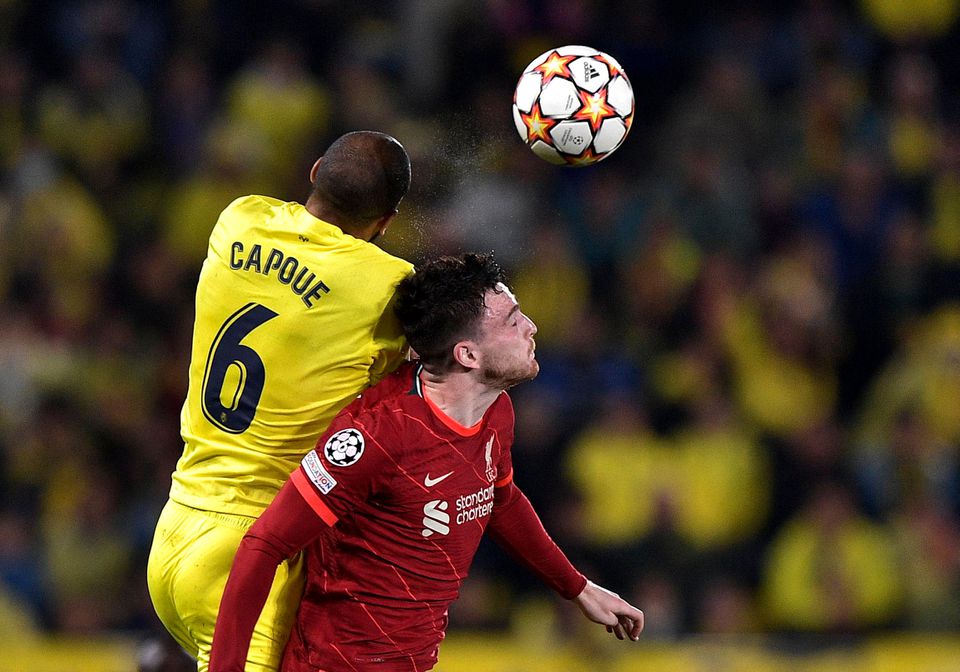 Soccer Football - Champions League - Semi Final - Second Leg - Villarreal v Liverpool - Estadio de la Ceramica, Villarreal, Spain - May 3, 2022 Liverpool's Andrew Robertson in action with Villarreal's Etienne Capoue. Photo: Reuters
