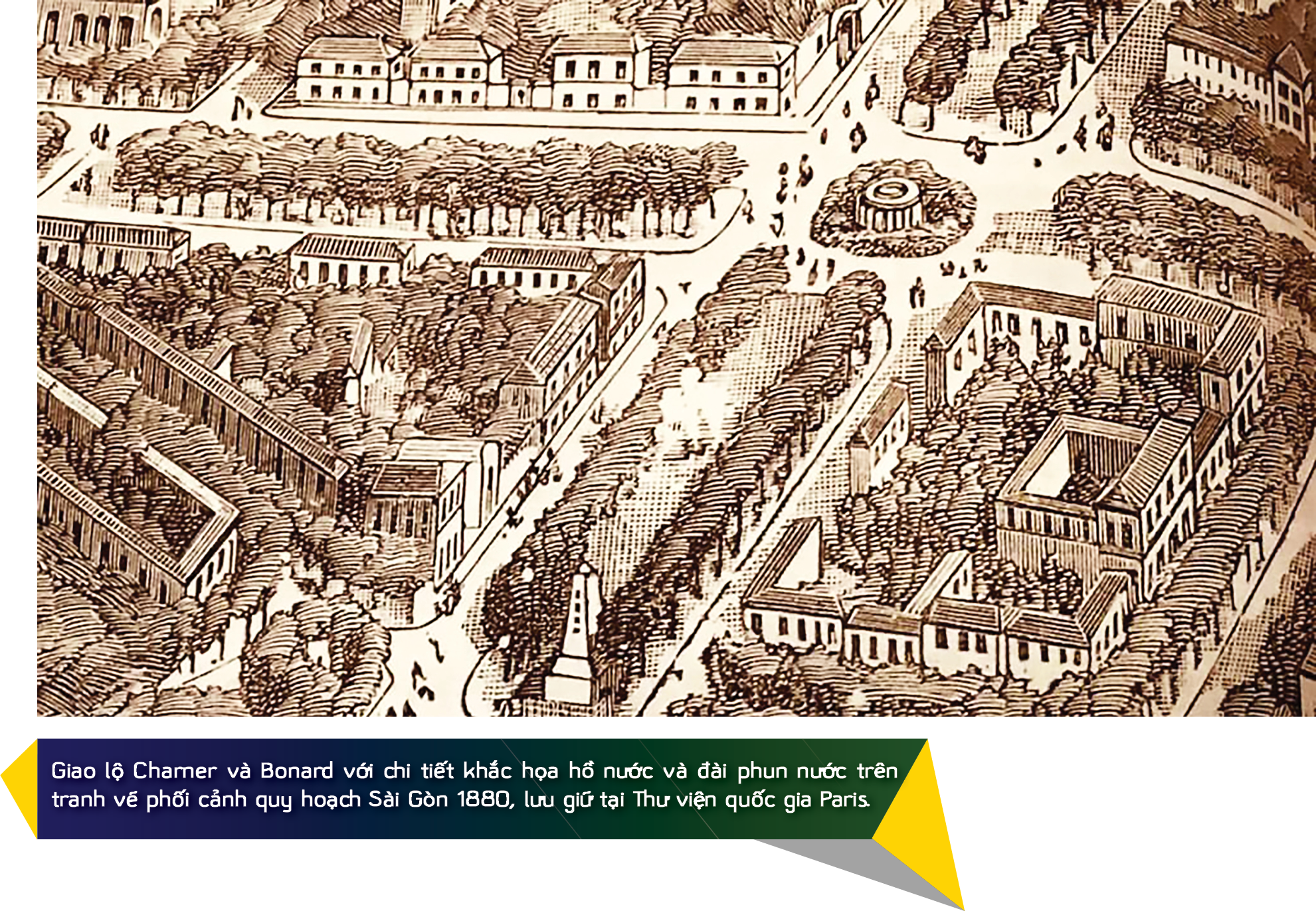An 1880 urban map of Saigon featuring the Charner-Bonard roundabout and its fountain.
