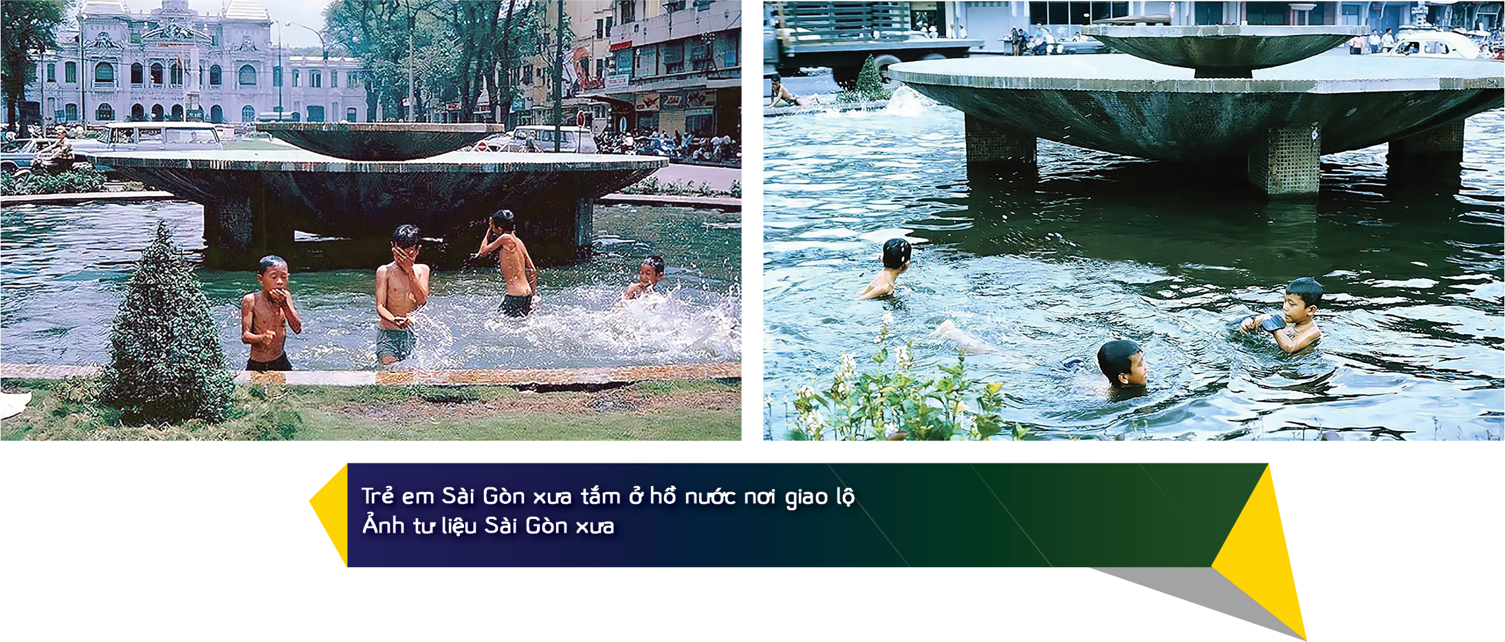 Children play in the fountain at the Willow Roundabout in old Saigon.