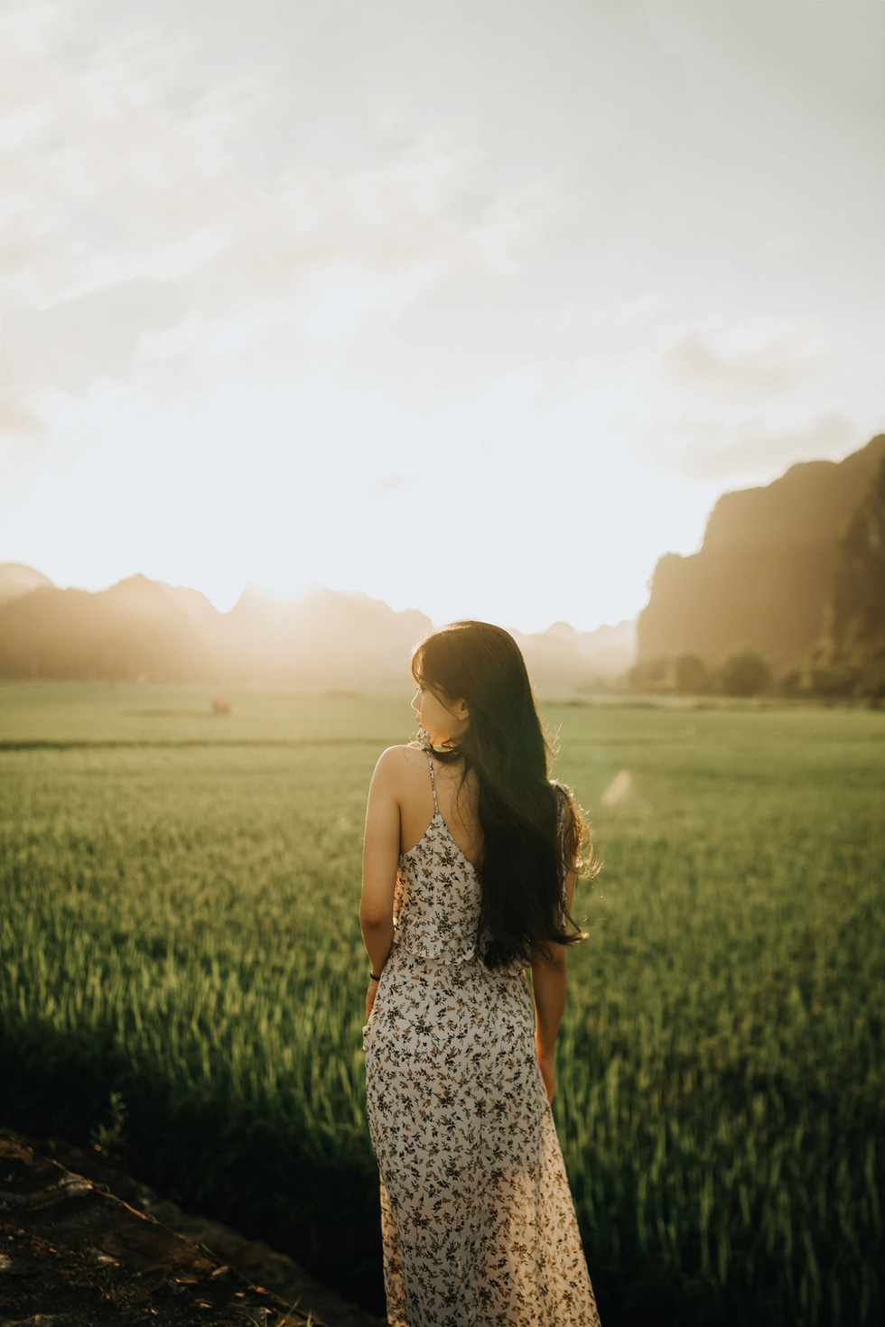 A visitor poses for a photo at a rice paddy field in Ninh Binh Province, Vietnam. Photo: Tiem anh 23.4 / Handout via Tuoi Tre