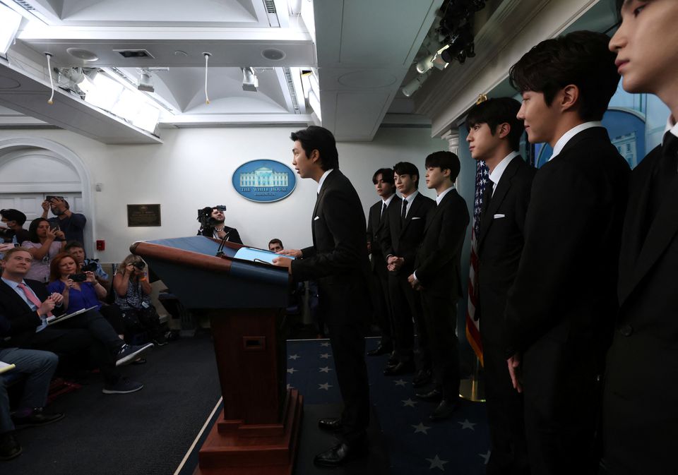 Kim Namjoon of the K-Pop band BTS and fellow members, (not in order), Kim Taehyung, Kim Seokjin, Jeon Jeongguk, Park Jimin, Jung Hoseok and Min Yoon-gi make statements against anti-Asian hate crimes and for inclusion and representation during the daily briefing at the White House in Washington, U.S., May 31, 2022. Photo: Reuters
