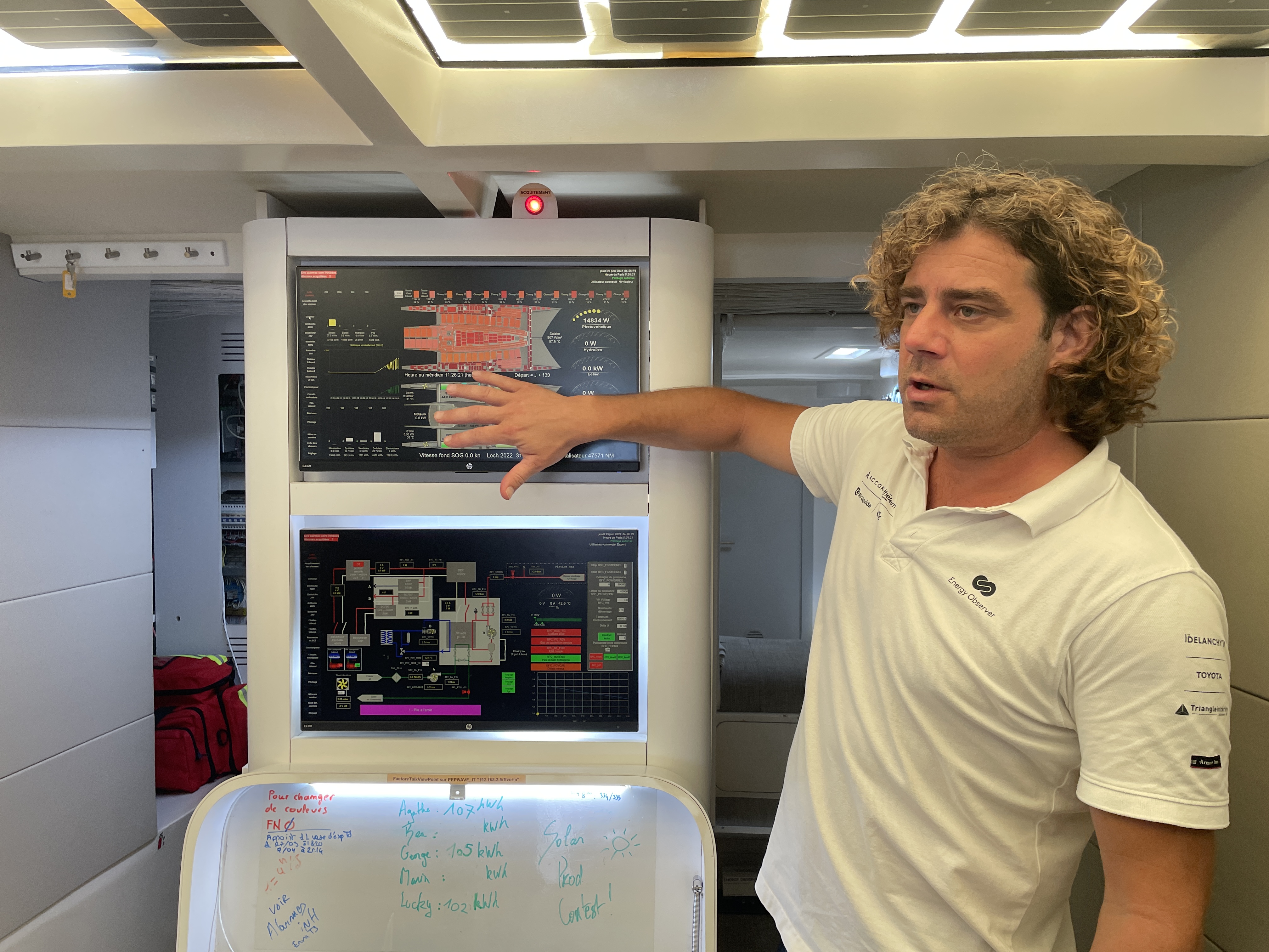 Captain Marin Jarry explains about the control panels of the Energy Observer. Photo: Minh Khoi / Tuoi Tre
