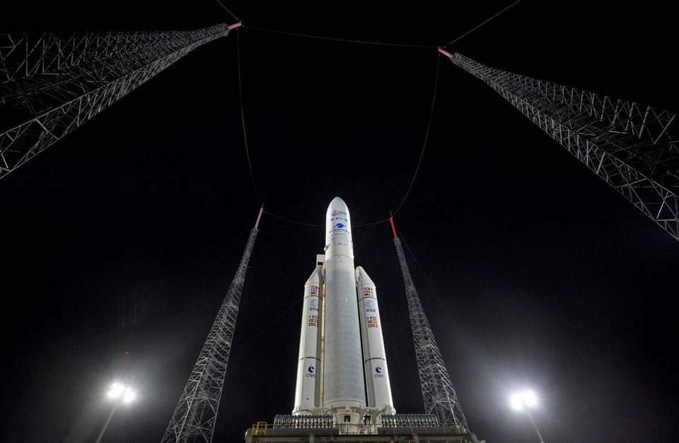 Arianespace's Ariane 5 rocket, with NASA?s James Webb Space Telescope onboard, is seen at the launch pad at Europe?s Spaceport, the Guiana Space Center in Kourou, French Guiana December 23, 2021. Picture taken December 23, 2021. Photo: NASA/Bill Ingalls/Handout via REUTERS
