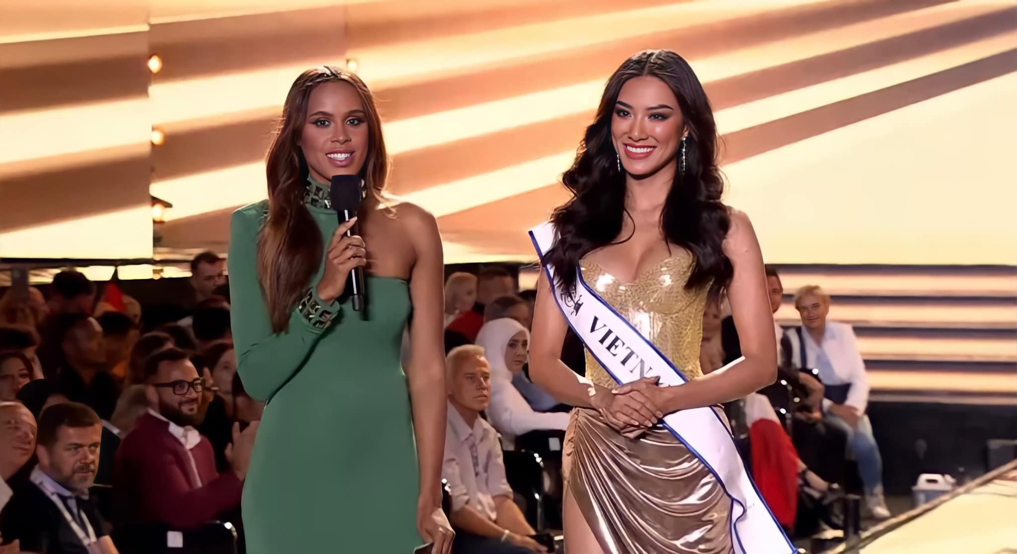 Vietnam's Nguyen Huynh Kim Duyen is interviewed after entering Top 12 at the grand coronation ceremony of Miss Supranational 2022 in Poland, July 16, 2022. Photo: Nguyen Huynh Kim Duyen Facebook page