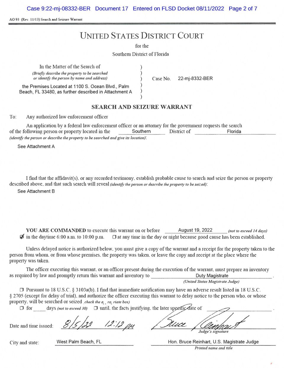 The first page of a search warrant approved by a U.S. District Court magistrate judge allowing the FBI to search former President Donald Trump's Mar-a-Lago estate is seen after being released by the U.S. District Court for the Southern District of Florida in West Palm Beach, Florida, U.S. August 12, 2022. U.S. District Court/Handout via Reuters