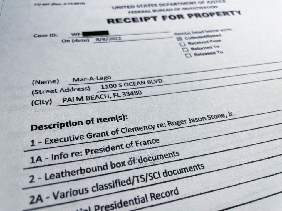 An itemized receipt for and list of property seized in the execution of a search warrant by the FBI at former President Donald Trump's Mar-a-Lago estate shows items reading 'Info re: President of France' and 'Various Classified/TS/SCI documents' after being released by the U.S. District Court for the Southern District of Florida in West Palm Beach, Florida, U.S. August 12, 2022. Photo: Reuters