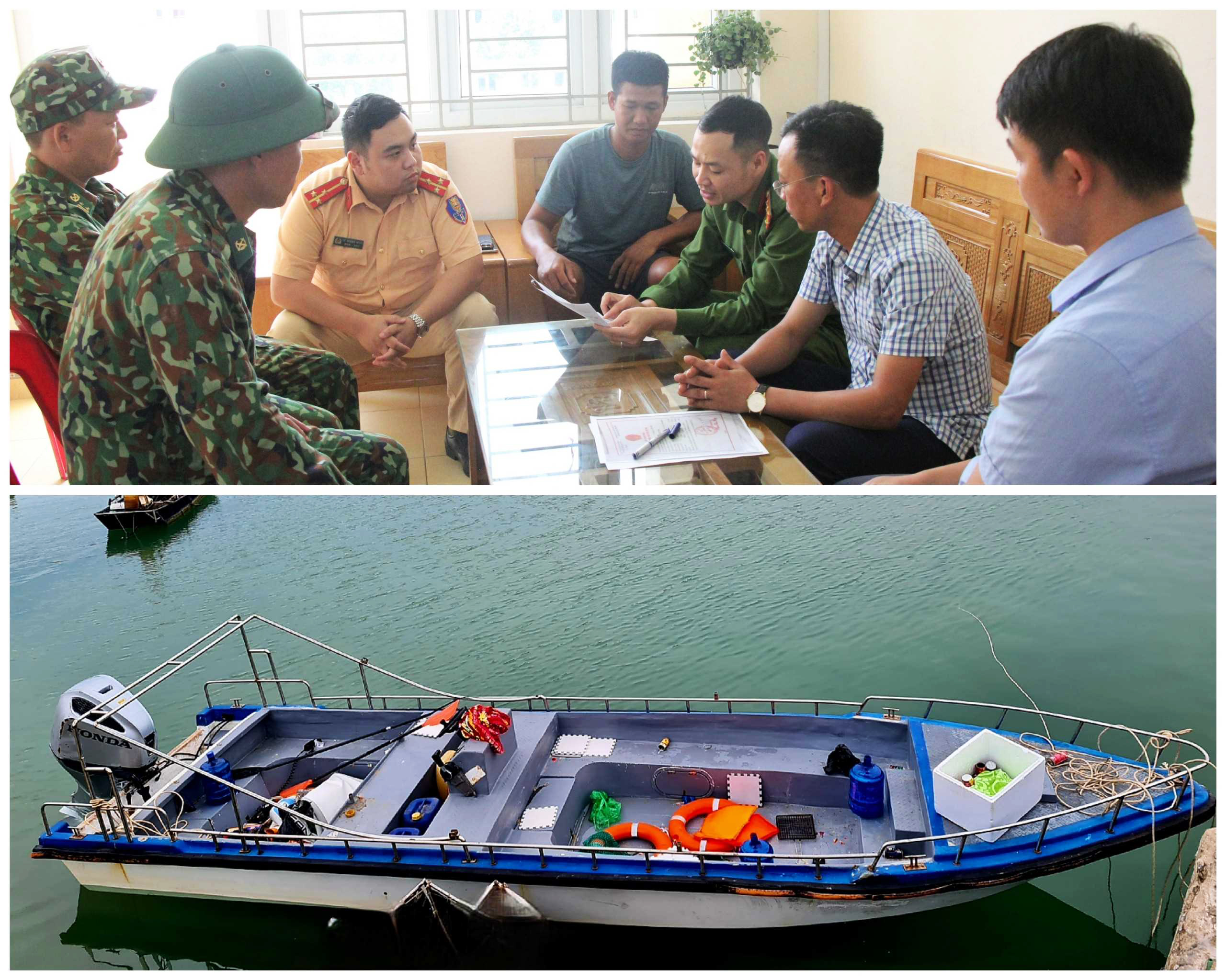 This collage of photos shows a canoe owner fined for illegally organizing overnight camping on a border island off Quang Ninh Province, northern Vietnam. Photo: Thu Cuc / Tuoi Tre