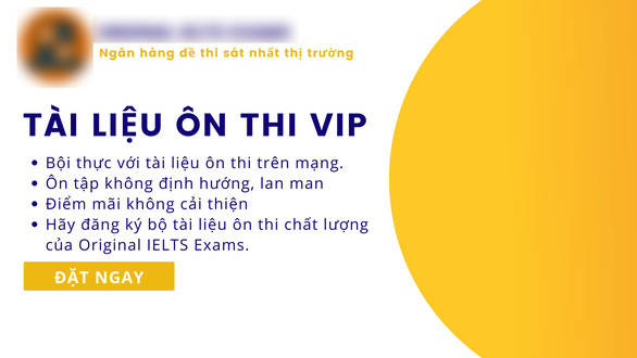 This screenshot shows an advertisement from a fanpage selling IELTS exam predictions with a guarantee.