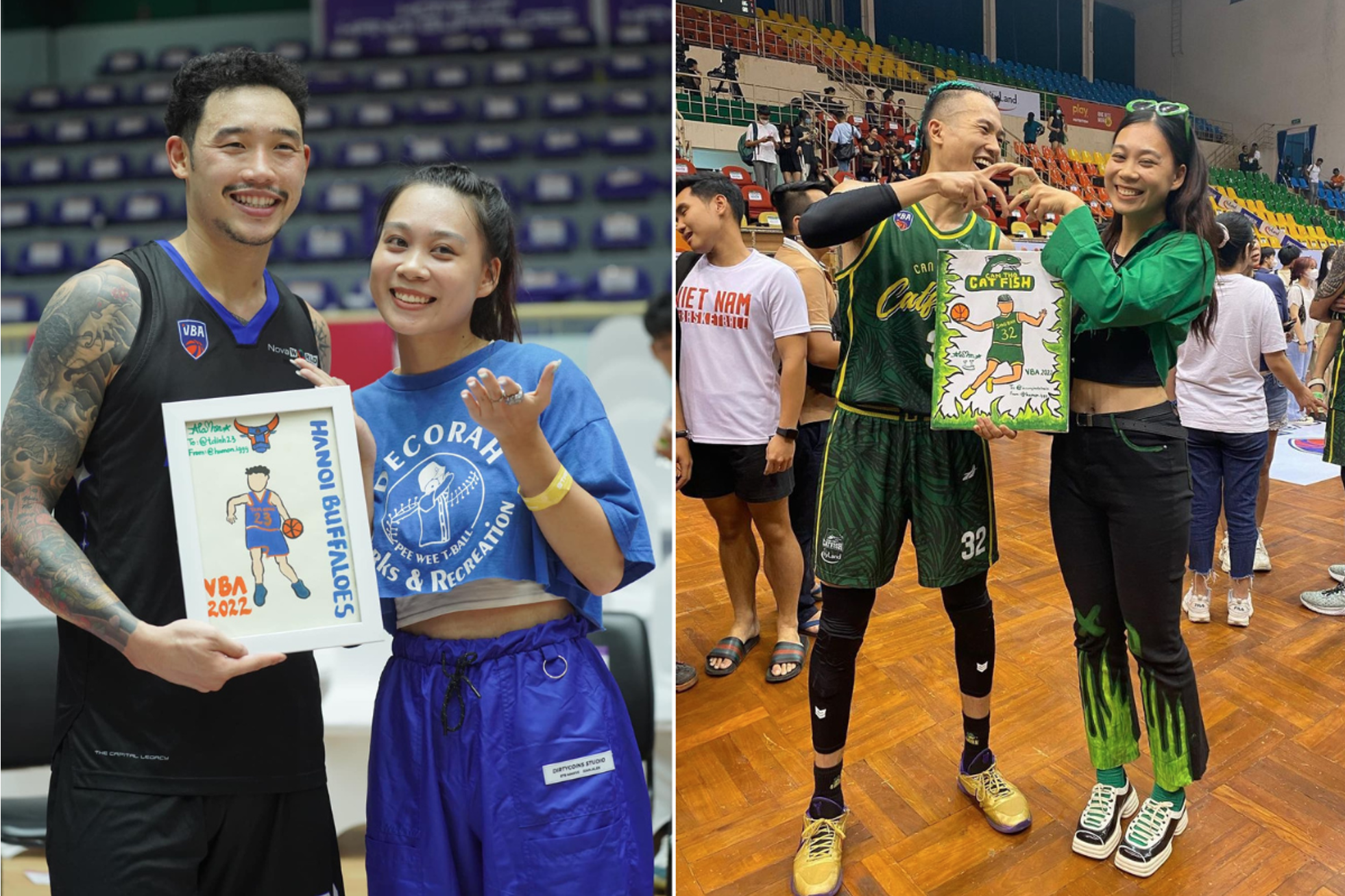A fan gives portrait paintings to Tam Dinh (L) and Sang Dinh. Photo: VBA